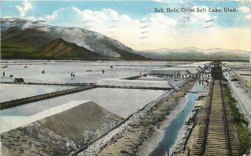 c1907 Postcard Harvesting Salt from Salt Beds, Great Salt Lake UT, RR Car Posted