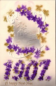 Postcard Holiday New Year 1907 embossed floral sceen purple gold