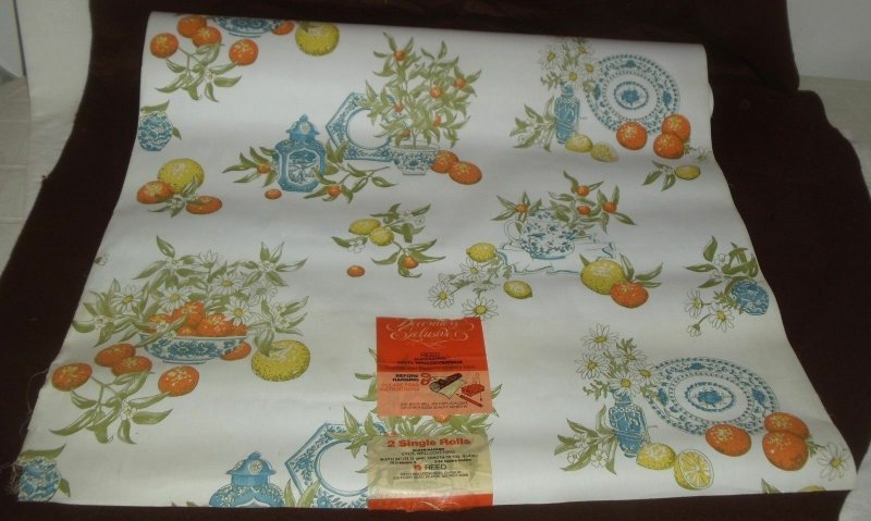 Vintage By the Yard Reed Wall Paper Kitchen Blue Delft Citrus Lemon Orange Daisy