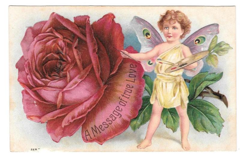 Butterfly Child Red Rose Artists Palette Fantasy Postcard