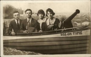 Studio Image Men & Women Couples in Row Boat USS ON TIME Cannon RPPC