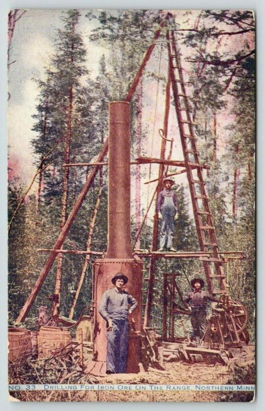 Northern Minnesota~Drilling for Iron Ore on the Range~Three Workers on Rig~1910 