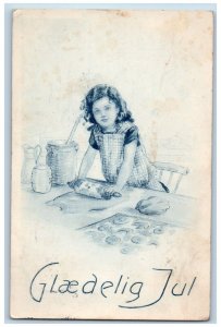 Norway Postcard Christmas Little Girl Baking Cookies c1910's Posted Antique