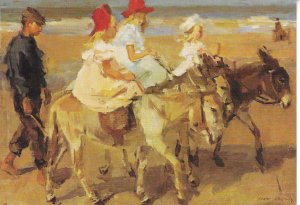 Ass-riding on the shore, by Isaac Israels Fine painting, modern Dutch postcard