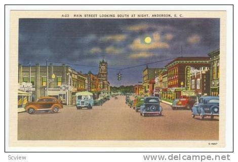 Main Street Looking South At Night, Anderson, South Carolina, 1930-1940s