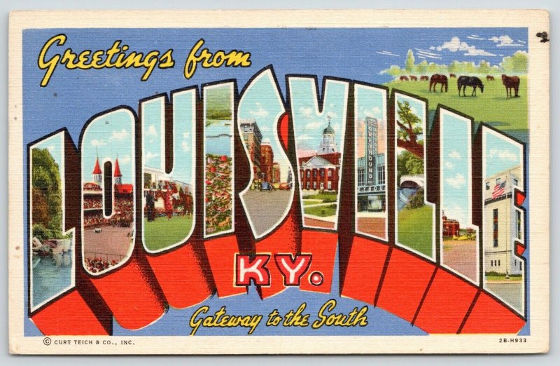 Louisville Kentucky~Large Letter Linen Postcard~Churchill Downs~Greyhound Depot 