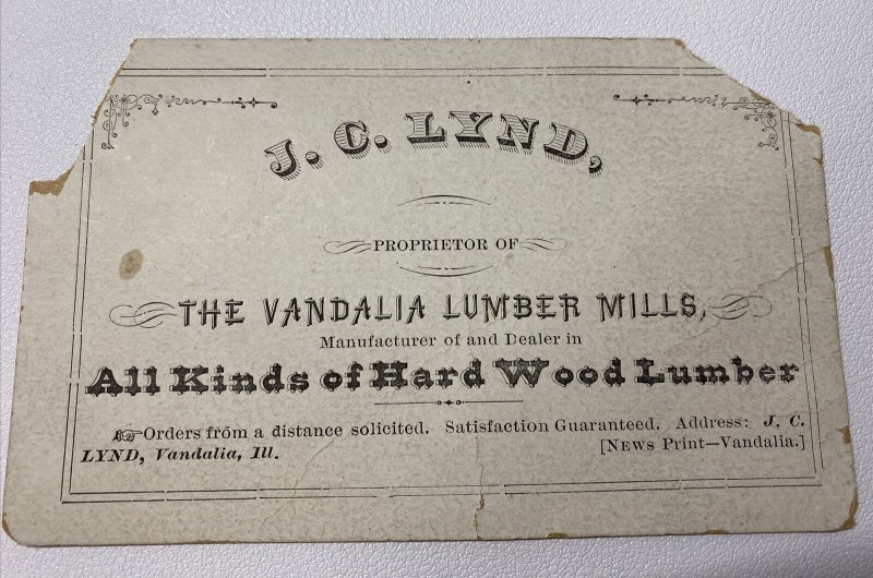 1880s Vandalia Lumber Mills J C Lynd Vandalia IL Illinois Business Card Ad