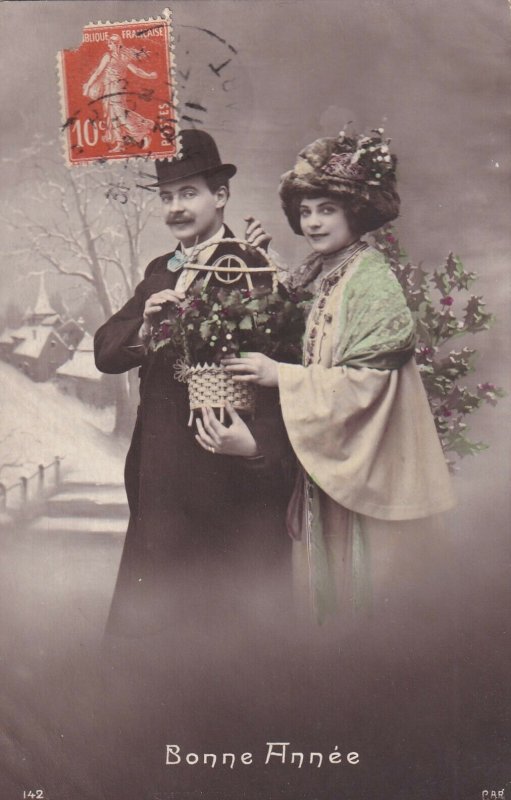 RP: NEW YEAR, PU-1911; Couple with Flower basket