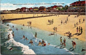Beach Scene Showing Near Boardwalk Savannah Beach GA Postcard PC41