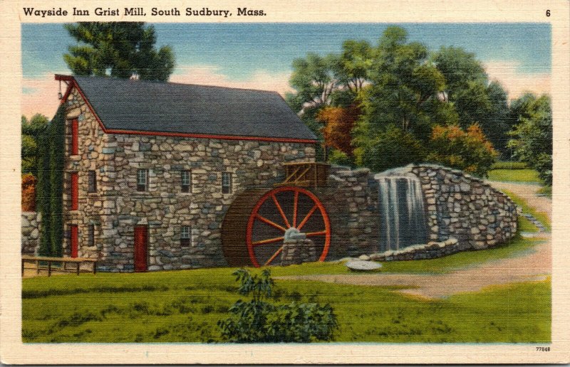 Vtg 1930s Wayside Inn Grist Mill Sudbury Massachusetts MA Unused Linen Postcard