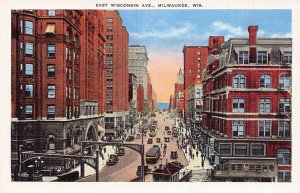 MILWAUKEE WI~EAST WISCONSIN AVENUE-TROLLEYS~1920s ELEVATED VIEW POSTCARD