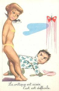 Comic funny risque Postcard french girl in bathing suit with bird