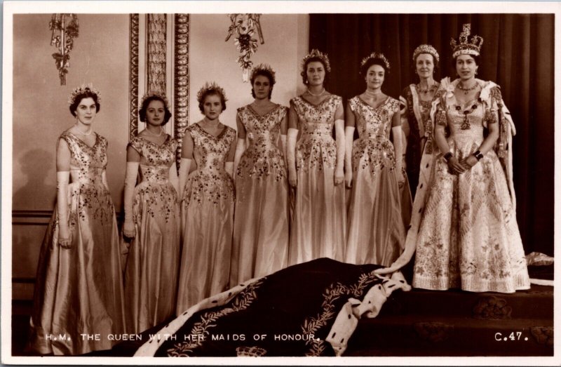 HM The Queen With Her Maids Of Honour England Royalty RPPC C024