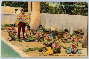 Miami Florida Postcard Muse Isle Seminole Indian Village Wrestle Alligators 1940