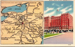 New York Elmira Map and Mark Twain Hotel