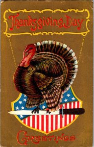 Turkey on a Knife, Thanksgiving Day c1908 Vintage Postcard N71