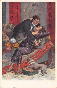 US20 couple postcard oriental scene romantic couple kissing flowers China decor