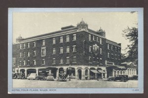 NILES MICHIGAN DOWNTOWN HOTEL FOUR FLAGS OLD CARS ADVERTISING POSTCARD