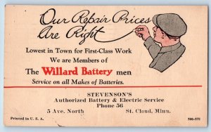 St. Cloud MN Postcard Stevenson's Battery Electric Service Mechanic Advertising