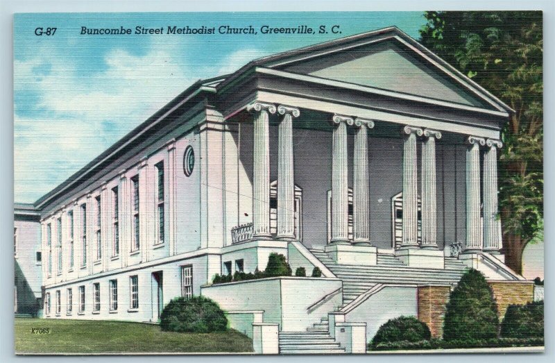  Postcard SC Greenville Buncombe Street Methodist Church c1950s Linen T18