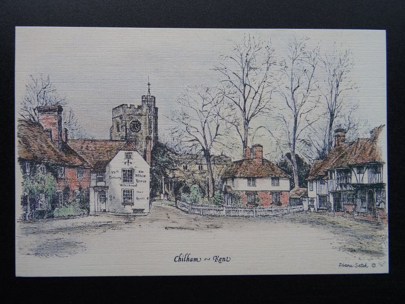 Kent CHILHAM showing CHURCH & WHITE HORSE by Artist Diane Setek c1980s Postcard