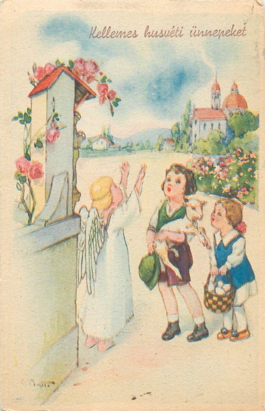 Easter greetings postcard angel girls lamb Hungary