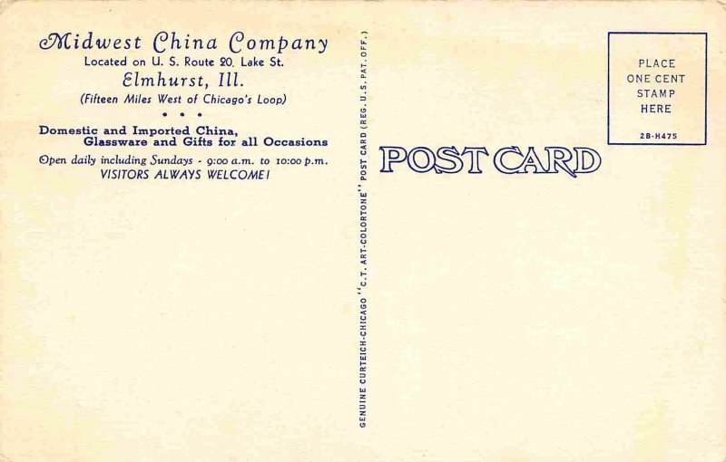 Midwest China Company Elmhurst Illinois advertising linen postcard