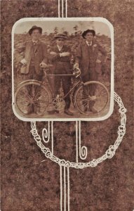 MEN STANDING BEHIND EARLY BICYCLE-1906 PSMK DURRENBACH FRANCE PHOTO POSTCARD