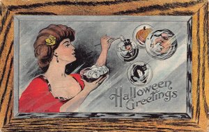 J84/ Halloween Postcard Holiday Greetings c1910 Woman Bubbles Fantasy 308