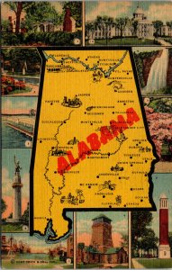 Vtg 1940s Alabama State Map Landmarks Cities Multi View Mobile AL Linen Postcard