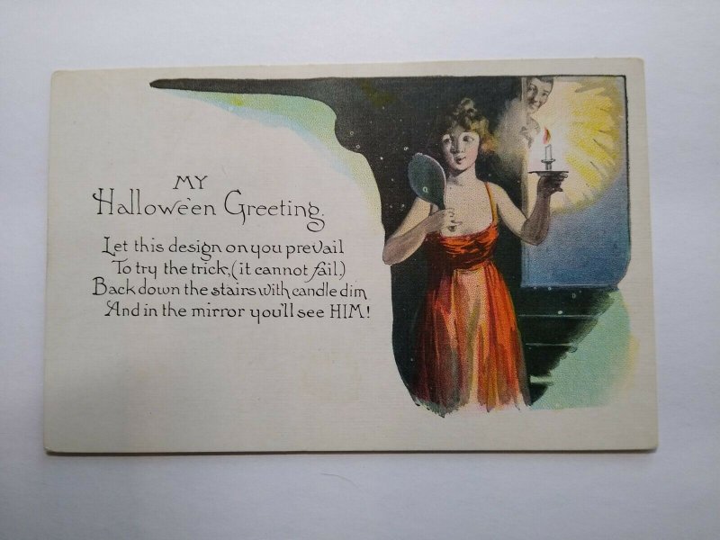 Vintage Halloween Postcard Women With Candle And Mirror NYCE Series 363 Unused