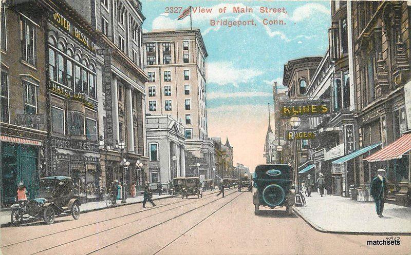 1918 BRIDGEPORT CT View Main Street autos Danzinger railroad postcard 531 Flag