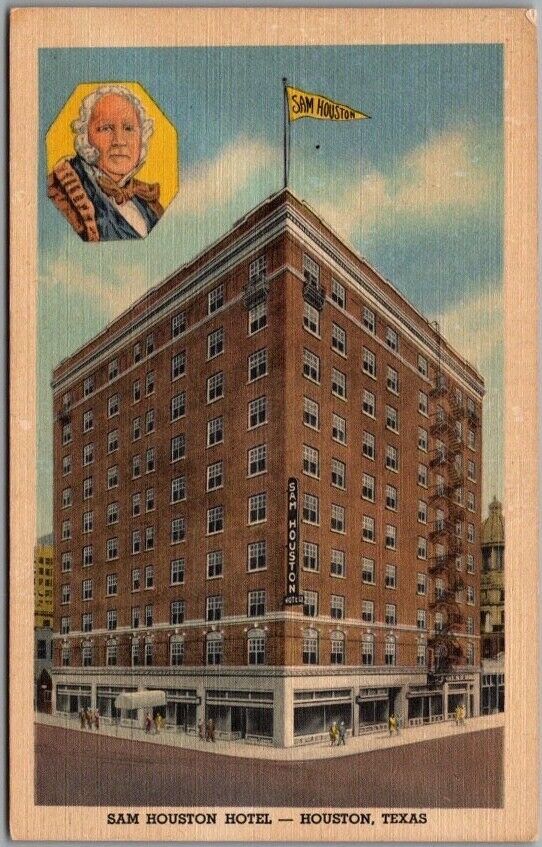 HOUSTON Texas Postcard SAM HOUSTON HOTEL Street View Curteich Linen