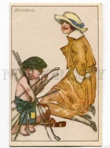 251312 ART DECO Lady GOLF Nude CUPID by MAUZAN Vintage PC