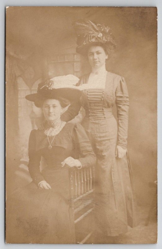 RPPC Two Lovely Edwardian Ladies with Pretty Dresses and Hats Studio Postcard I2