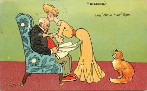 Tom Browne Postcard Orange Cat sees Woman Kiss Bald Man's Head New Hat Kiss 2594