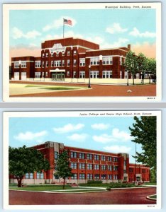 2 Postcards PRATT, Kansas KS ~ Municipal Building HIGH SCHOOL Junior Colllege