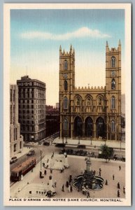 Postcard Montreal Quebec c1930s Place D’Armes and Notre Dame Church Trolley Car