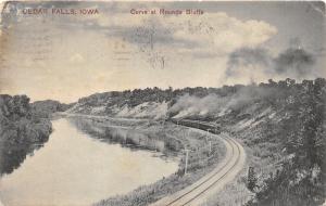 Cedar Falls Iowa~Curve @ Round Bluffs~Steam Train Going Along Track~1910 B&W Pc