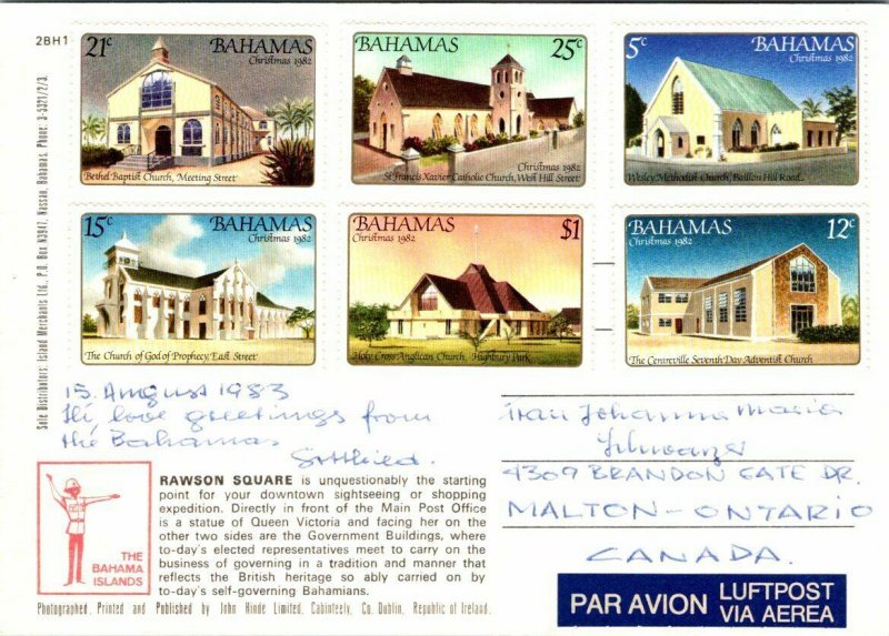 VINTAGE CONTINENTAL SIZE POSTCARD RAWSON SQUARE AND MAIN POST OFFICE BAHAMAS