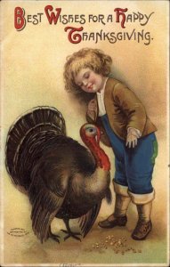 Clapsaddle Thanksgiving Int'l Art Little Boy with Turkey c1910 Vintage Postcard