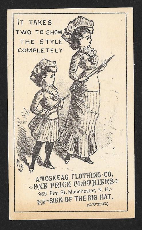 VICTORIAN TRADE CARD Amoskeag Clothing Co Sign of Big Hat