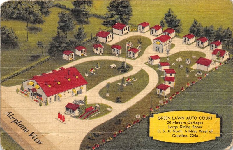 Crestline Ohio 1940s Postcard Green Lawn Auto Court Motel creasing