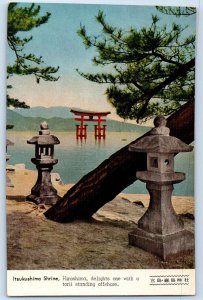 Hiroshima Japan Postcard Itsukushima Shrine Torii Standing Offshore c1950's