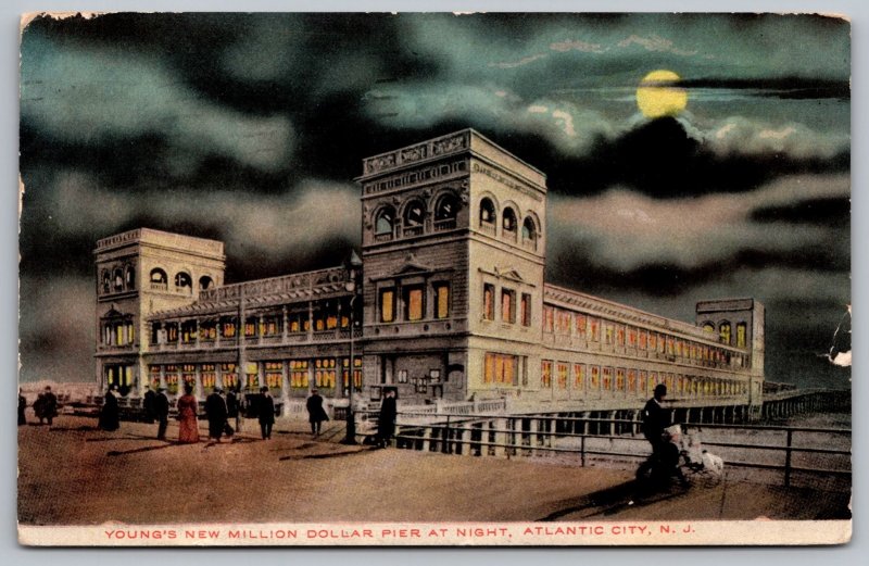 New Million Dollar Pier Night Atlantic City NJ New Jersey Antique Postcard PM 1c