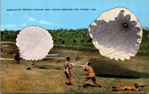 Linen Postcard Parachute Troops Landing and Taking Position for Firing