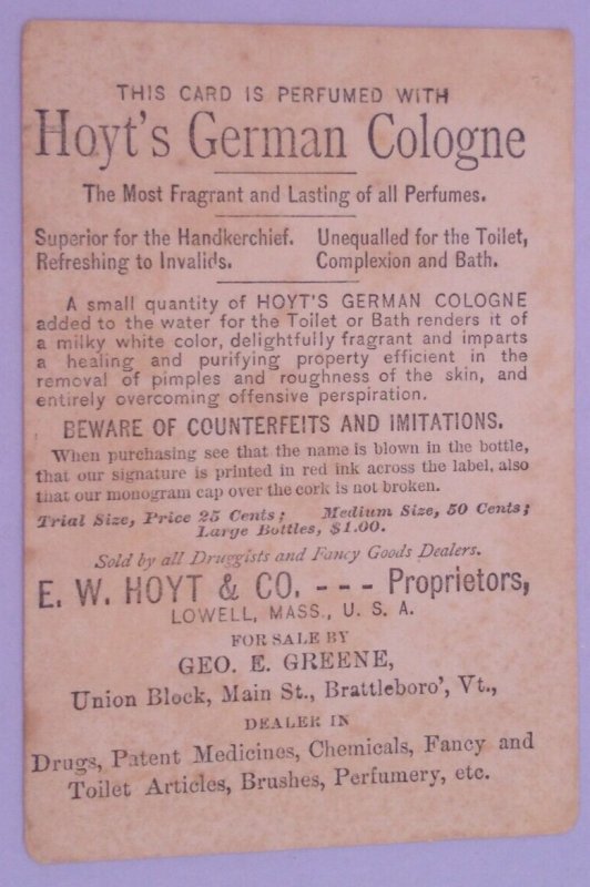 1800s Brattleboro VT Geo Greene Frog Hoyt's German Cologne Victorian Trade Card