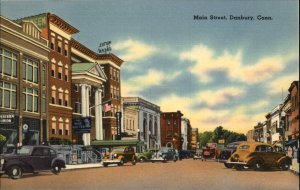 Danbury Connecticut CT main Street Classic Cars Linen Vintage Postcard