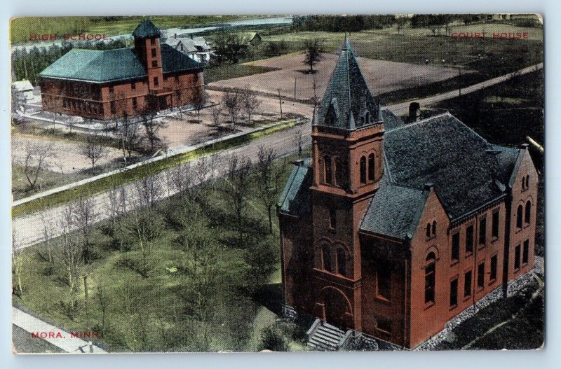 Mora Minnesota MN Postcard High School Building Trees Street Exterior Scene