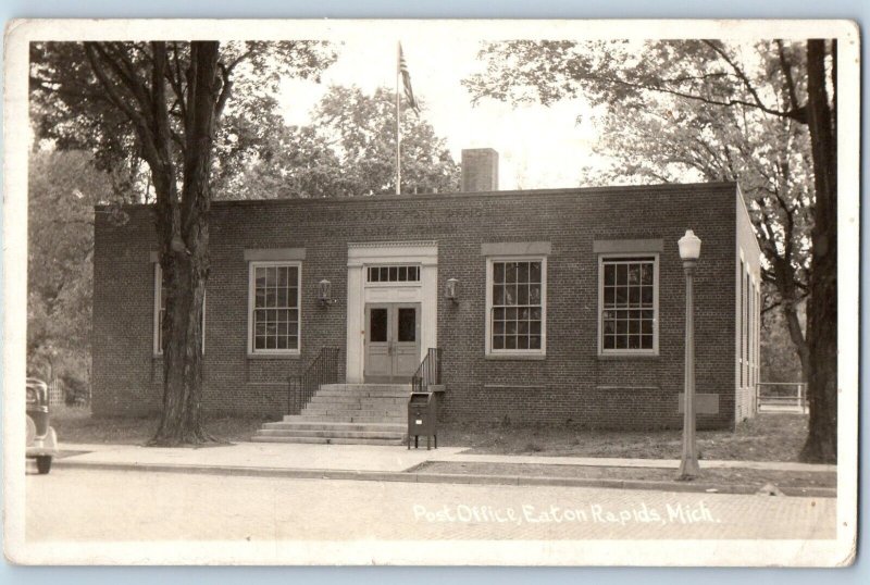 Eaton Rapids Michigan MI Postcard RPPC Photo Post Office Scene Street Car 1938